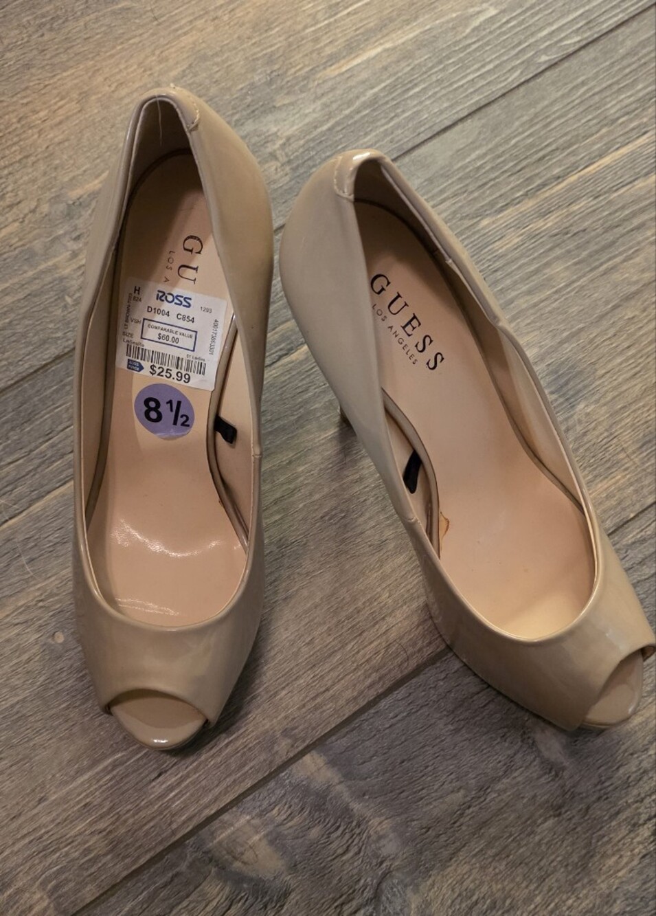 GUESS Beige Patent Peep-Toe Heels
